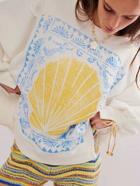 We the free Camden Cream Sweatshirt with Yellow Shell & Blue Print